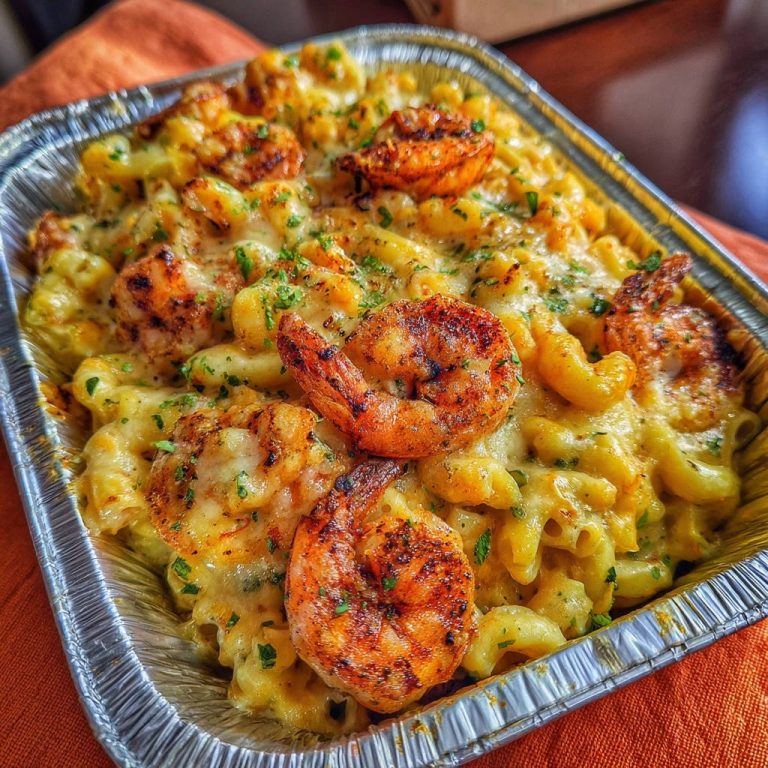 Cremige Garnelen Mac and Cheese in Alufolie, nahaufnahme mit gegrillten Garnelen und gehackter Petersilie obendrauf