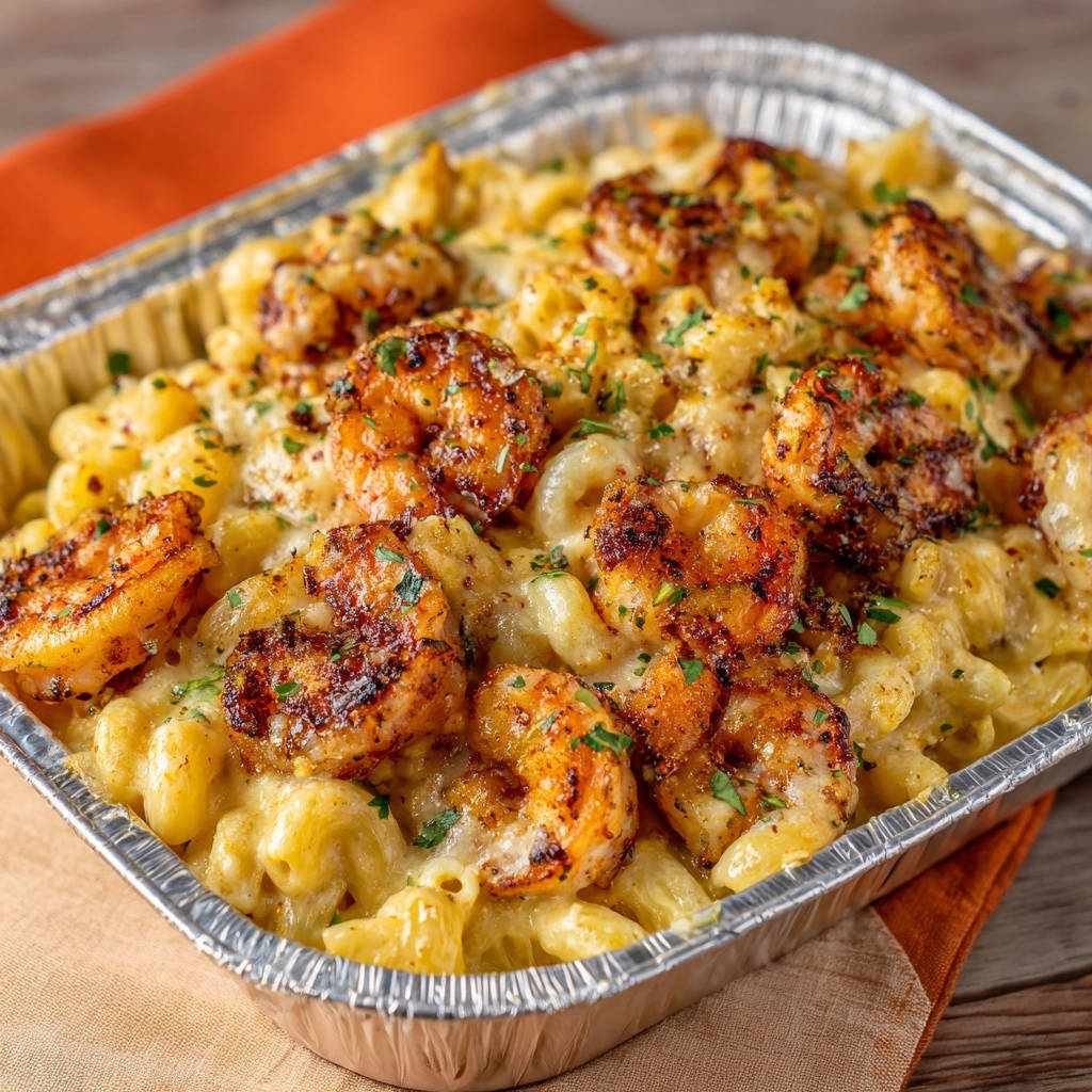 Cremige Garnelen Mac and Cheese mit geschmolzenem Käse und gebratenen Garnelen in einer Aluschale, Nahaufnahme.