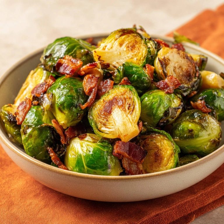 Gerösteter Rosenkohl mit krossem Speck, nahaufnahme eines angeschnittenen Röschens, das die Textur zeigt.