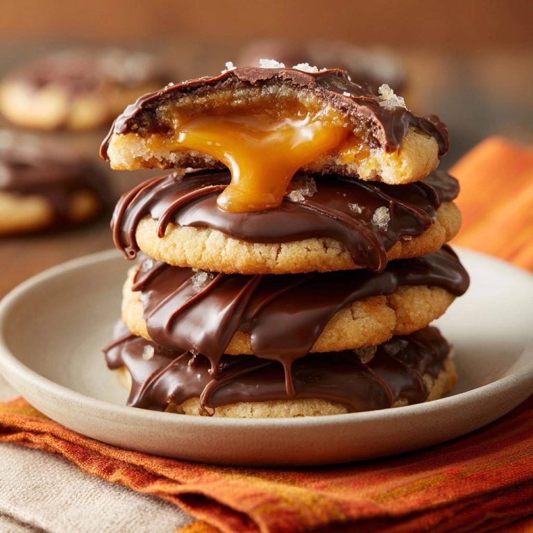 Gesalzene Karamell-Schoko-Cookies angeschnitten, mit flüssigem Karamell, das aus dem Inneren läuft.
