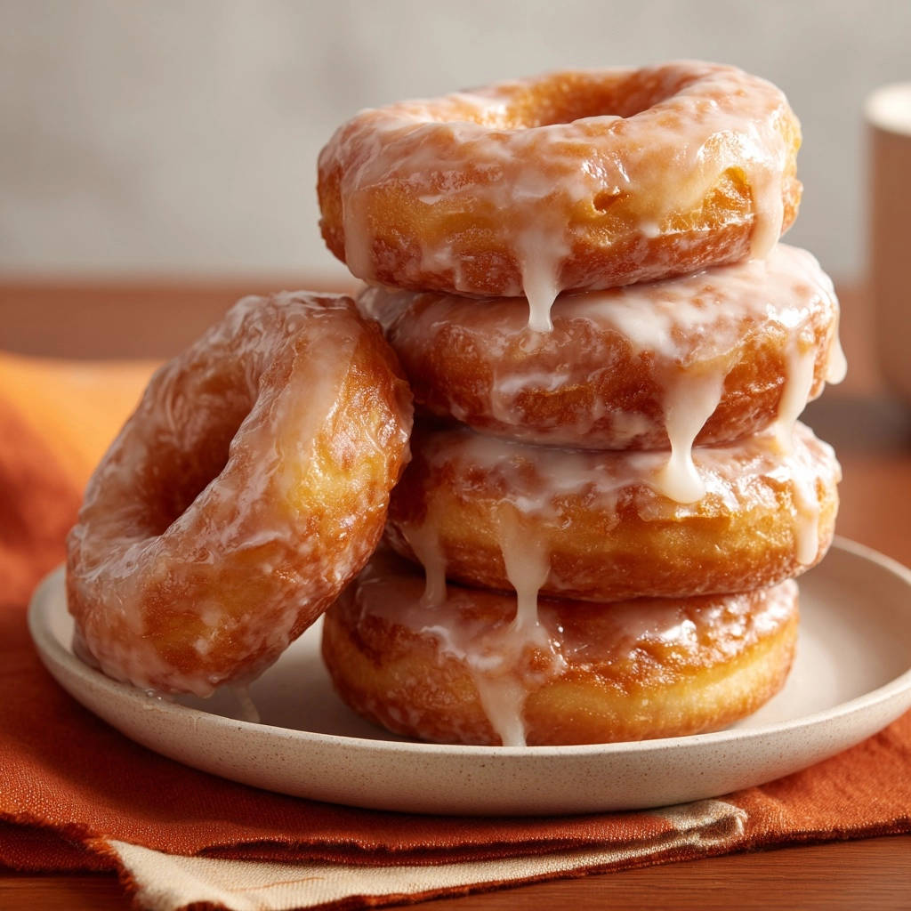 Glasierte Hefedonuts als Stapel mit glänzender, tropfender Glasur auf einem Teller serviert