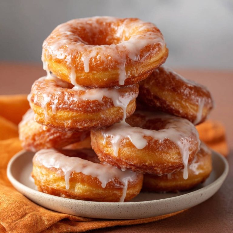 Glasierte Hefedonuts, gestapelt auf einem Teller, mit süßer Glasur, die von den fluffigen Teigringen tropft.