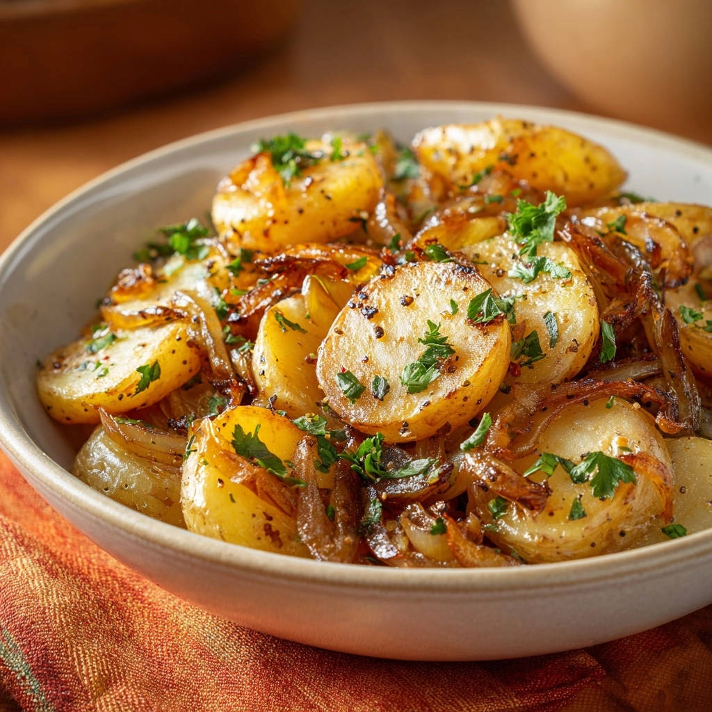 Goldbraune Bratkartoffeln mit Zwiebeln, detailreich garniert mit frischer Petersilie und schwarzem Pfeffer.