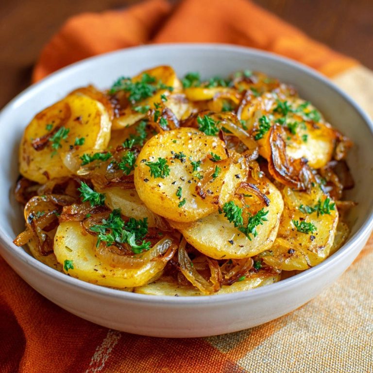 Goldbraune Bratkartoffeln mit Zwiebeln, nah aufgenommen und mit frischer Petersilie garniert, auf einem karierten Tuch serviert.