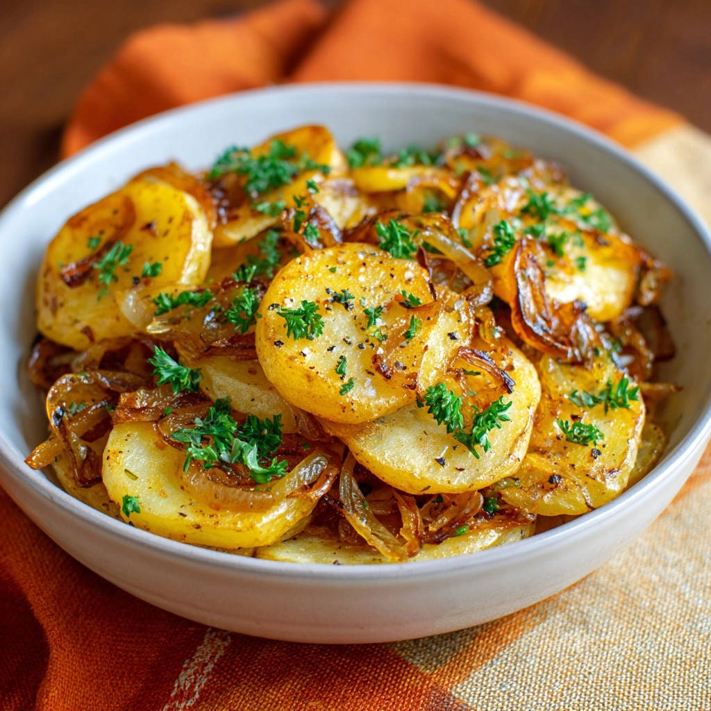 Goldbraune Bratkartoffeln mit Zwiebeln, nah aufgenommen und mit frischer Petersilie garniert, auf einem karierten Tuch serviert.