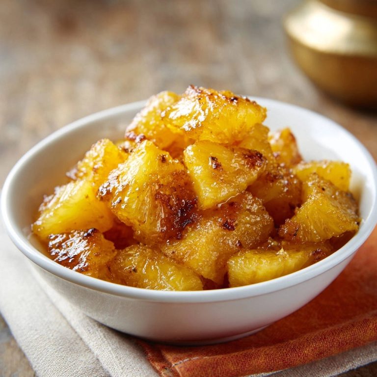 Goldbraune Karamell-Ananas in einer Schüssel, nahaufnahme der glasierten Fruchtstücke mit karamellisierten Stellen.