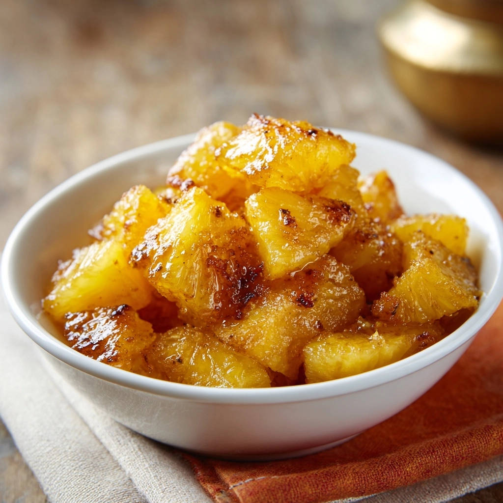 Goldbraune Karamell-Ananas in einer Schüssel, nahaufnahme der glasierten Fruchtstücke mit karamellisierten Stellen.