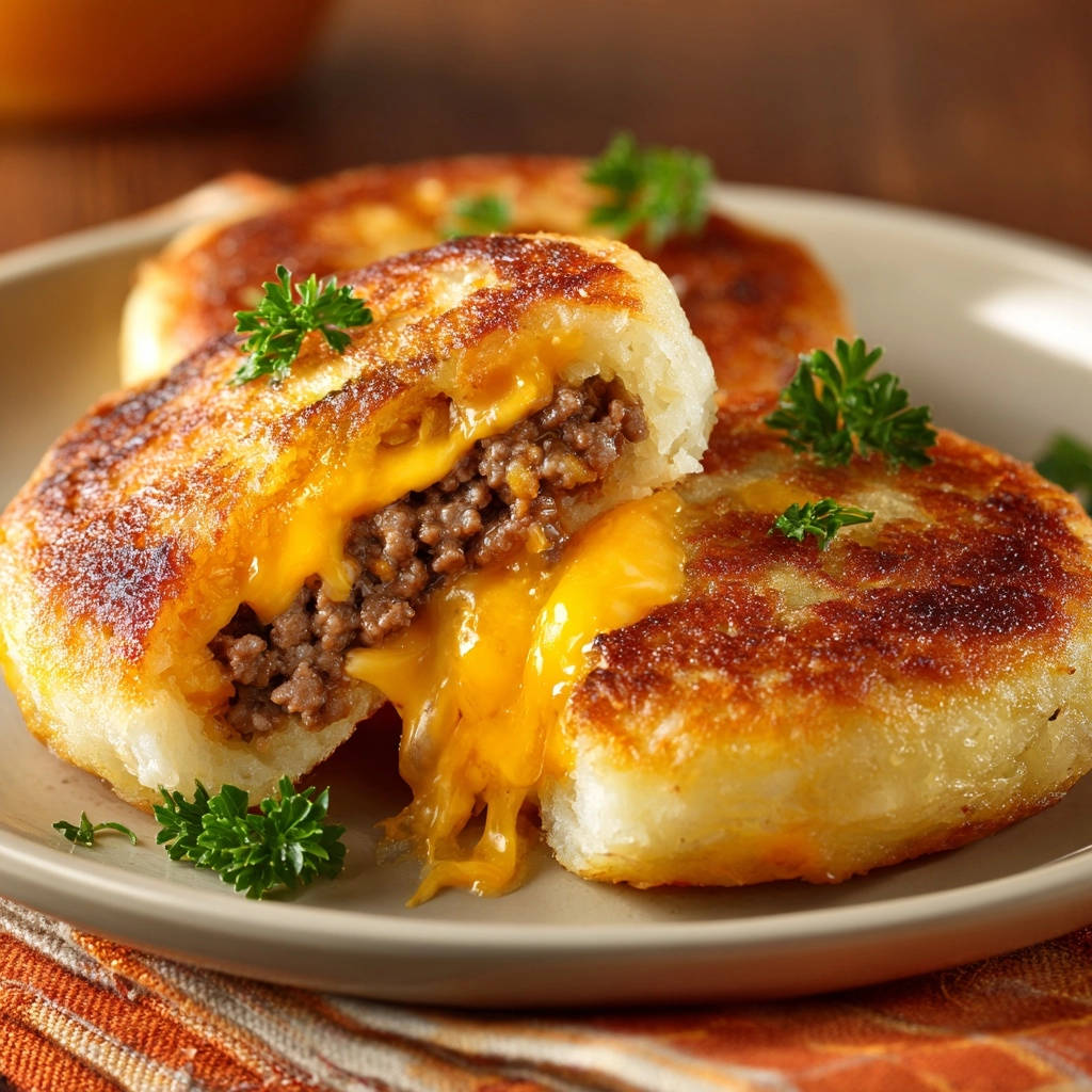 Goldbraune Kartoffel-Patties mit Hackfleisch-Käse-Füllung im Querschnitt, mit geschmolzenem Käse und Petersilie garniert.