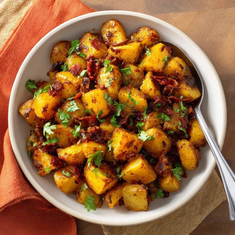 Goldbraune Knusperkartoffeln mit Bacon, serviert in einer Schüssel mit Petersilie, von oben gesehen.