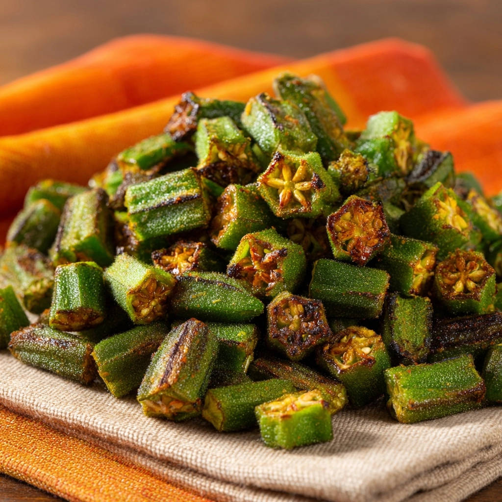 Goldbraune Okra Pfanne mit perfekt knusprigen Stücken, die einen detaillierten Querschnitt der einzelnen Okraschoten zeigen.