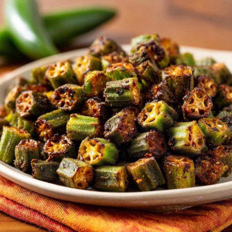 Goldbraune Okra Pfanne als Nahaufnahme mit sichtbarem Querschnitt der Stücke und leicht gebräunten Kanten.