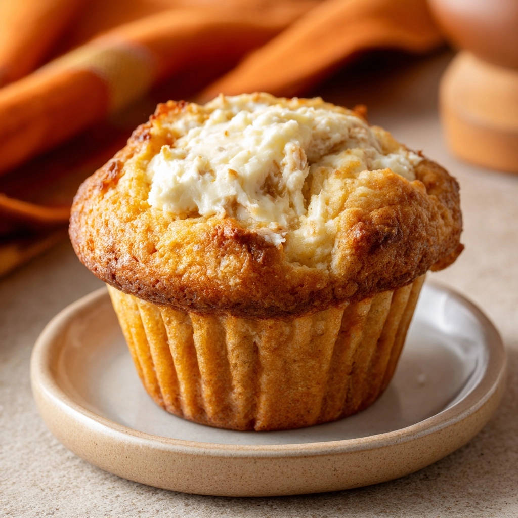 Goldene Frischkäse-Muffins mit cremiger Füllung obenauf, die ihr Versinken verhindert.
