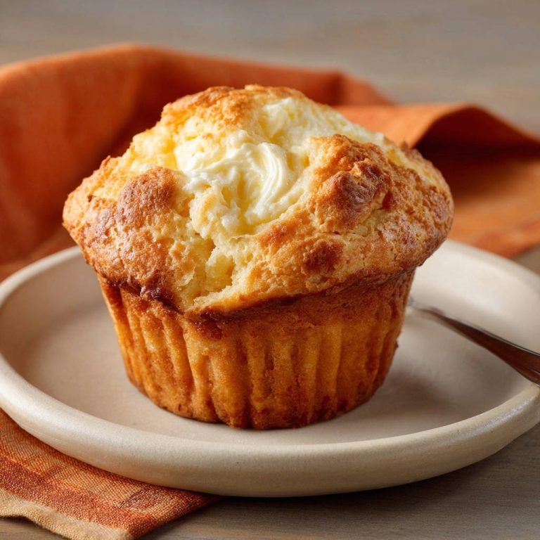 Goldene Frischkäse-Muffins mit cremigem Frischkäse-Topping, appetitlich auf einem Teller serviert.