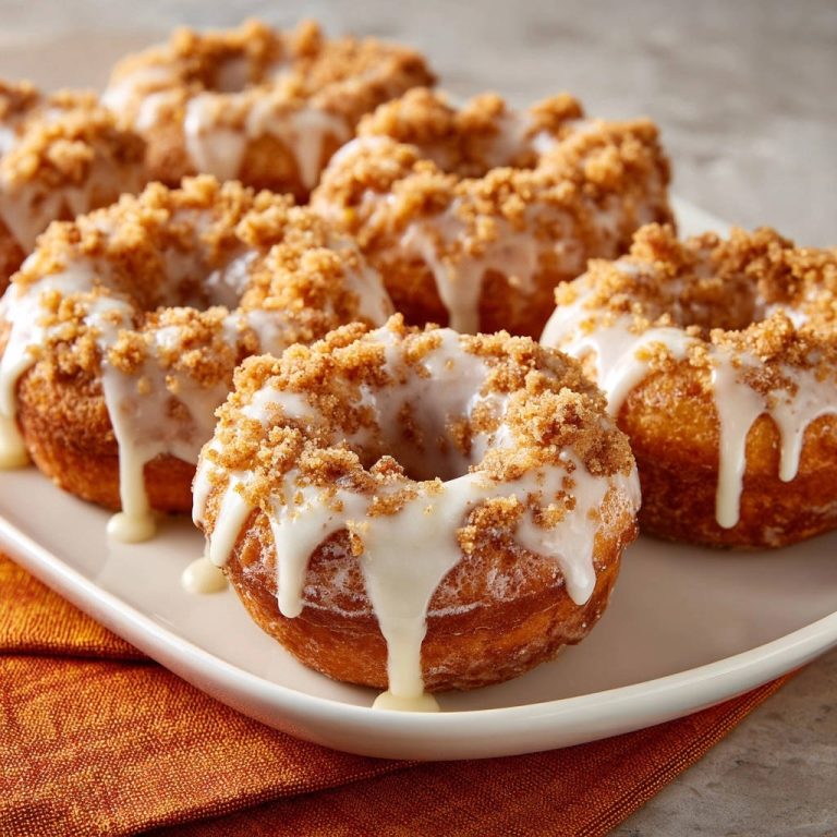 Goldene Streusel-Donuts mit prägnanter weißer Glasur und knusprigen Krümeln im Detail auf einer weißen Platte.
