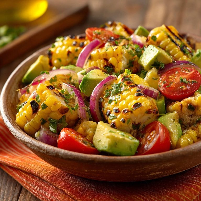 Sommerlicher Grillmais-Avocado-Salat in einer Schüssel, mit Tomaten und roten Zwiebeln, Nahaufnahme der Textur.