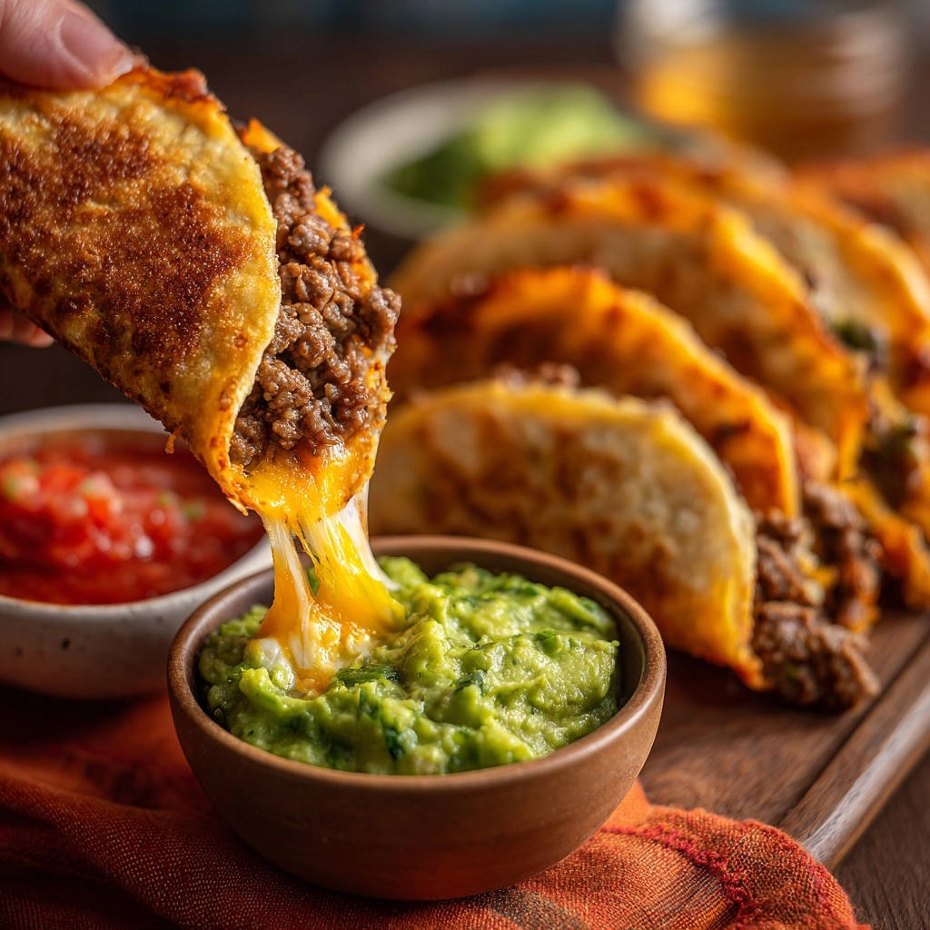 Knusprige Hackfleisch-Käse-Quesadillas mit geschmolzenem Käse, der sich beim Anheben von der Guacamole zieht.