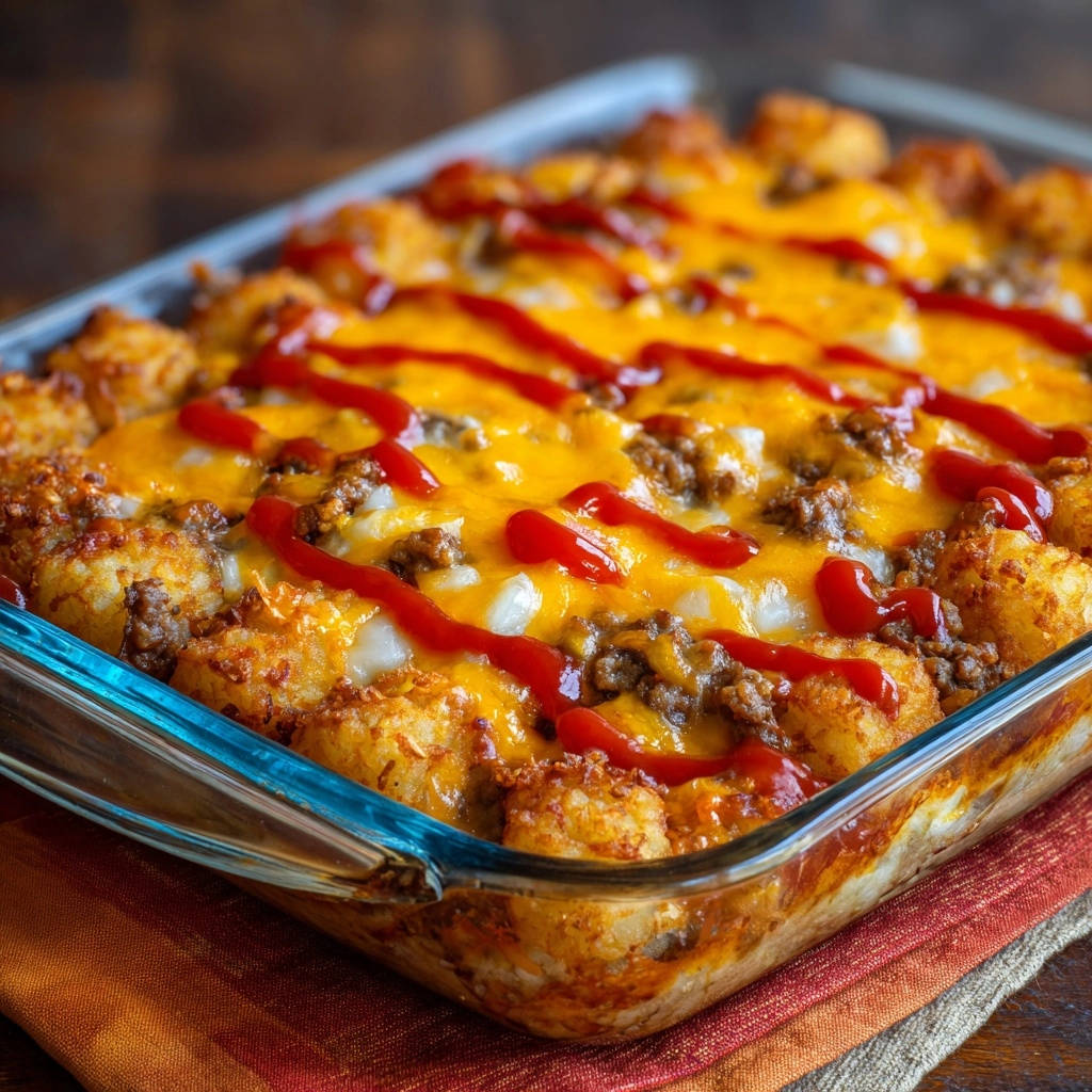 Deftiger Hackfleisch-Kartoffel-Auflauf mit knusprigen Kroketten und Ketchup-Drizzle, nahaufnahme im Glasbackblech.