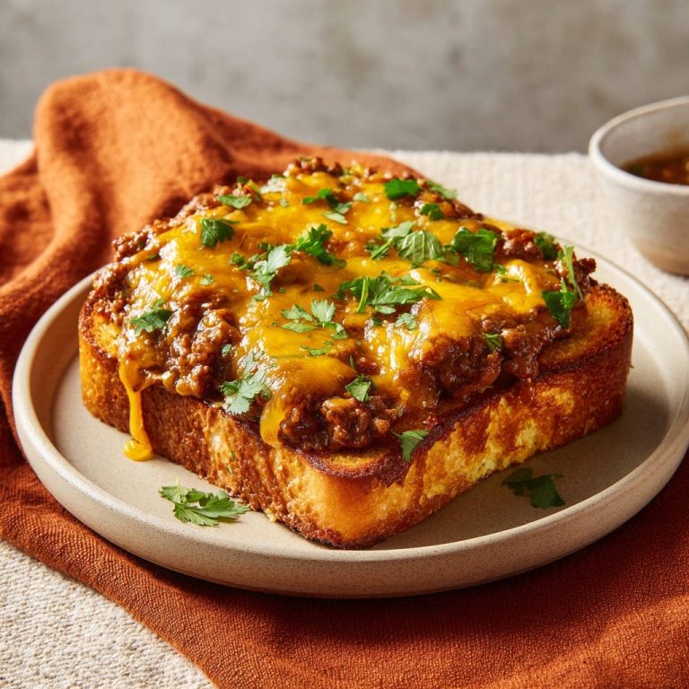 Deftiger Hackfleisch-Toast mit Käse, knusprig gebacken und mit frischer Petersilie garniert, auf einem Teller serviert.