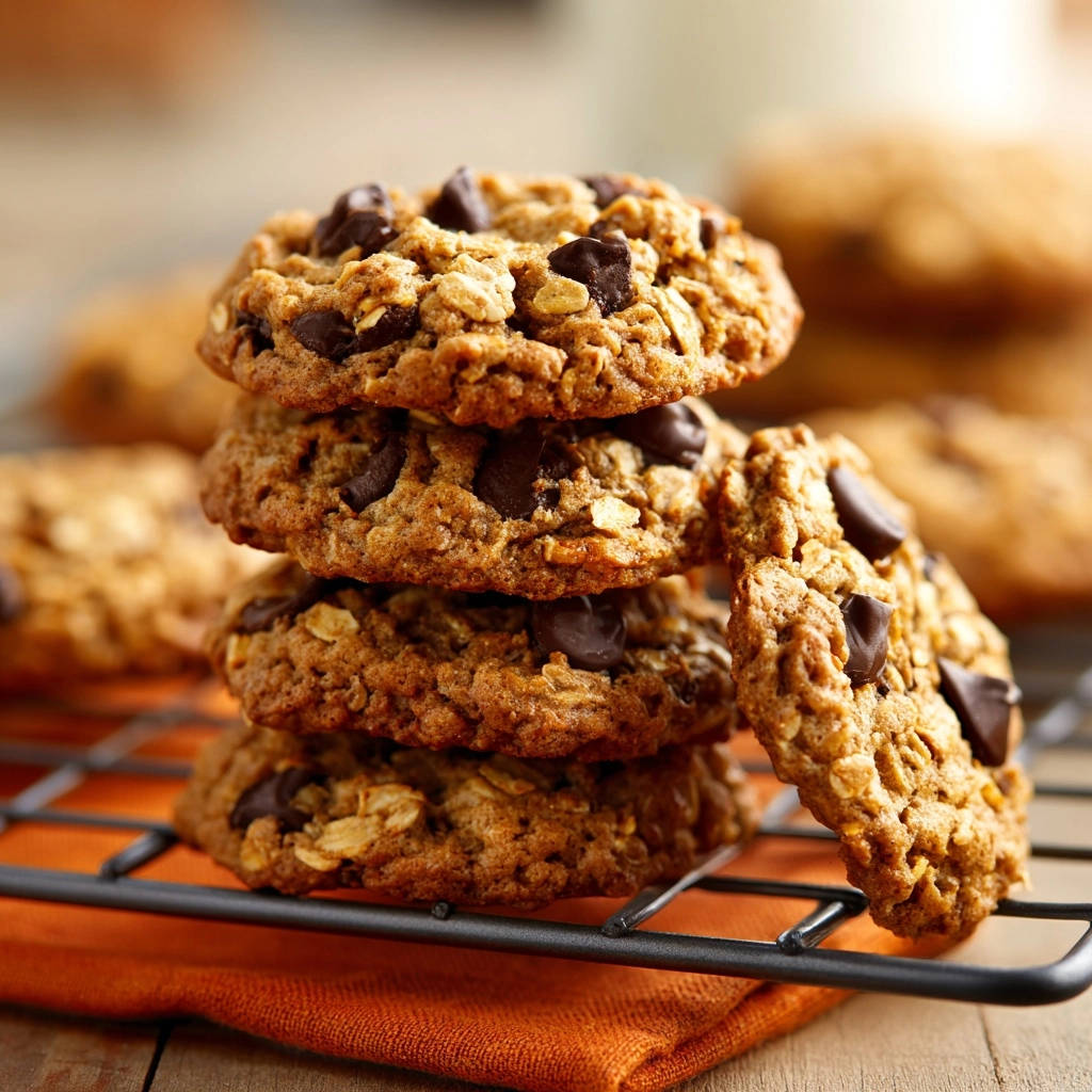 Saftige Haferflocken-Schokocookies gestapelt auf einem schwarzen Kühlgitter, mit einzelnen Keksen im Vordergrund.
