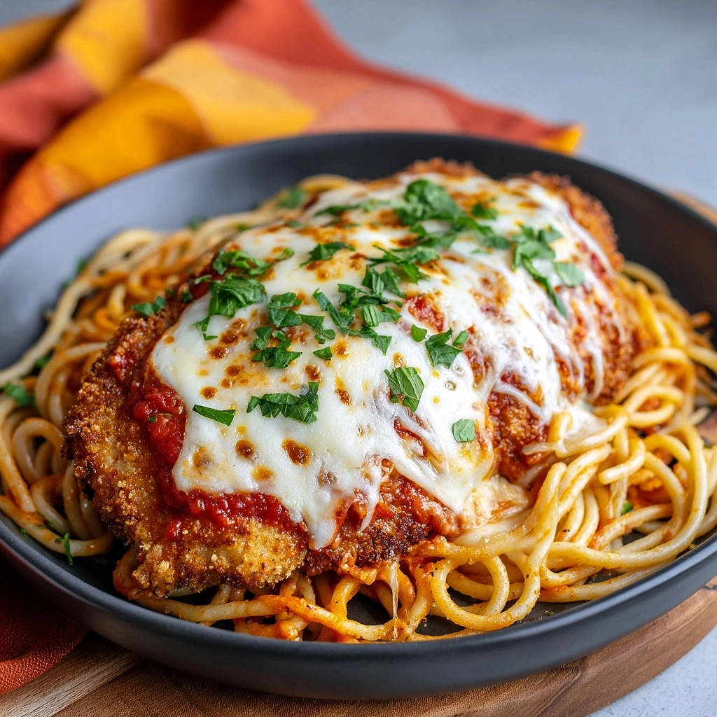 Hähnchen Parmesan vom Feinsten, serviert mit Spaghetti, mit geschmolzenem Käse und Petersilie garniert