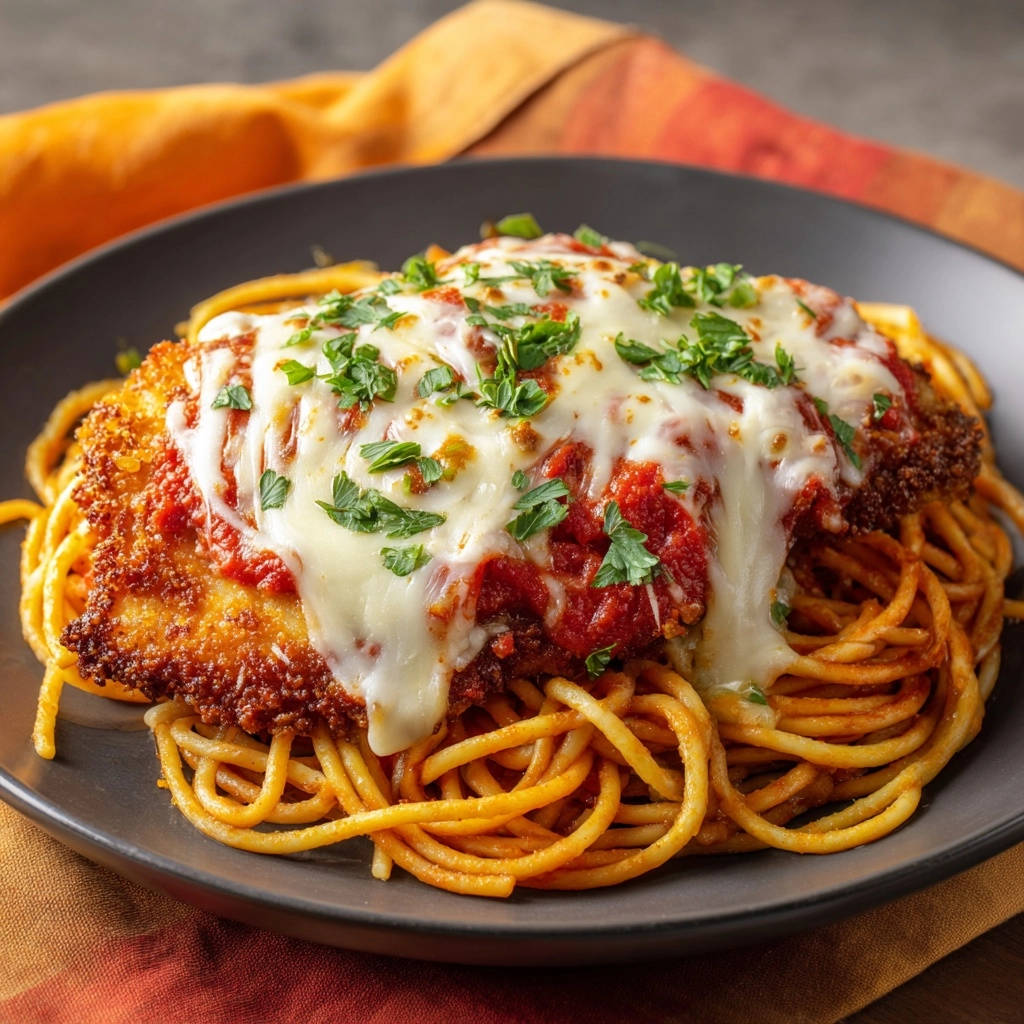 Hähnchen Parmesan vom Feinsten, nuppig mit geschmolzenem Käse und frischer Petersilie überzogen serviert.