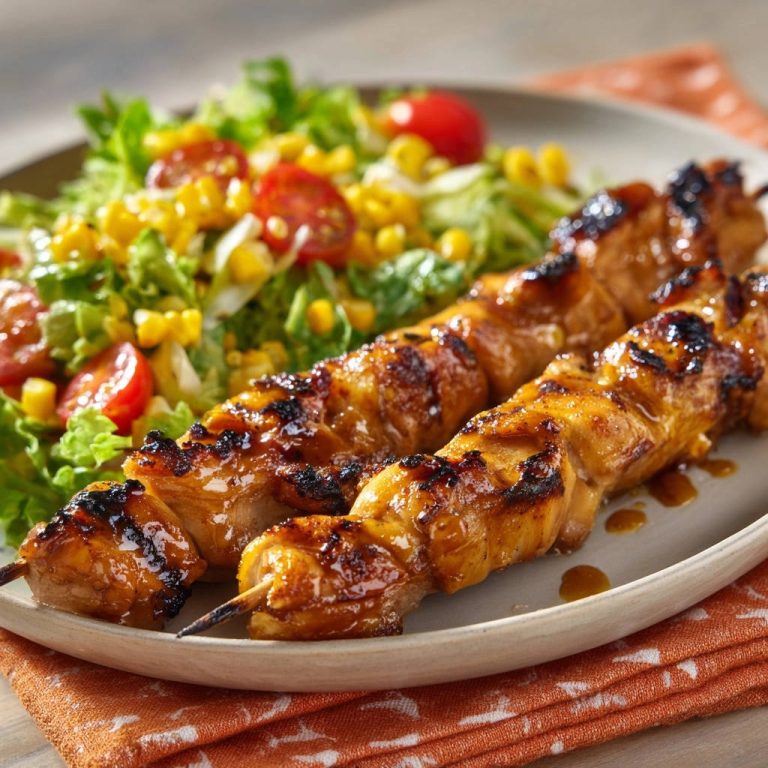 Saftige Hähnchen-Spieße mit süß-würziger Glasur, nahaufnahme der glasierten Hähnchenstücke auf einem Spieß