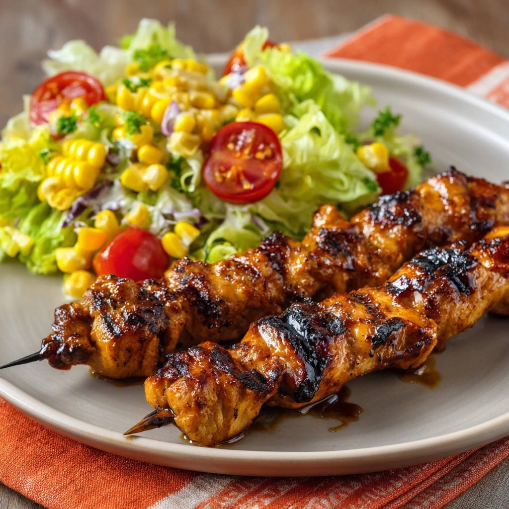 Saftige Hähnchen-Spieße mit süß-würziger Glasur, nahaufnahme der glasierten und gegrillten Fleischstücke