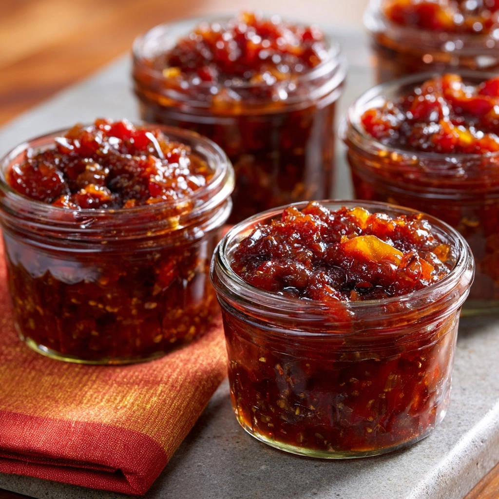 Hausgemachtes Feigen-Chutney in mehreren kleinen Gläsern, Nahaufnahme der glänzenden Textur und Farbe.