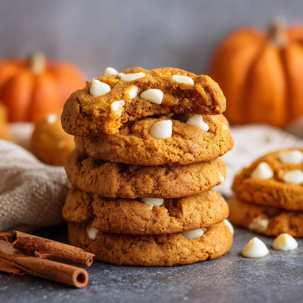 Herbstliche Kürbis-Cookies mit weißer Schokolade, angeschnitten, zeigen die saftige Textur und weiße Schokoladenstückchen.