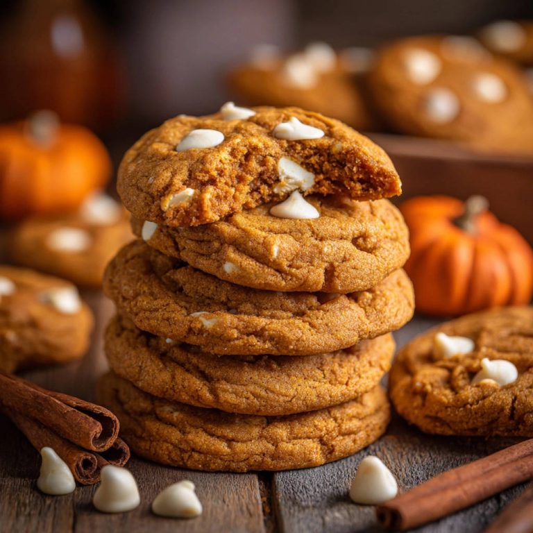 Herbstliche Kürbis-Cookies mit weißer Schokolade, angeschnitten, zeigen saftige Textur mit weißen Schokoladenstücken.