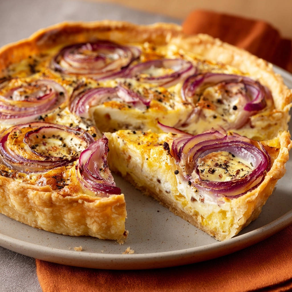 Herzhafter Zwiebelkuchen angeschnitten mit roten Zwiebelringen und knusprigem Boden, Nahaufnahme der inneren Schichten.