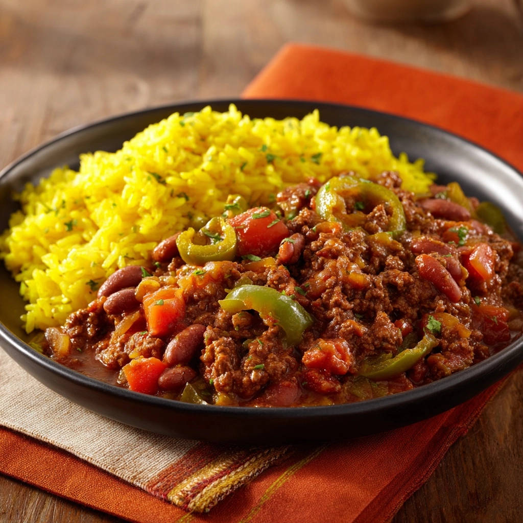 Herzhaftes Rinder-Chili mit Gelbem Reis, serviert auf einem schwarzen Teller mit einer orangen Serviette, Nahaufnahme.