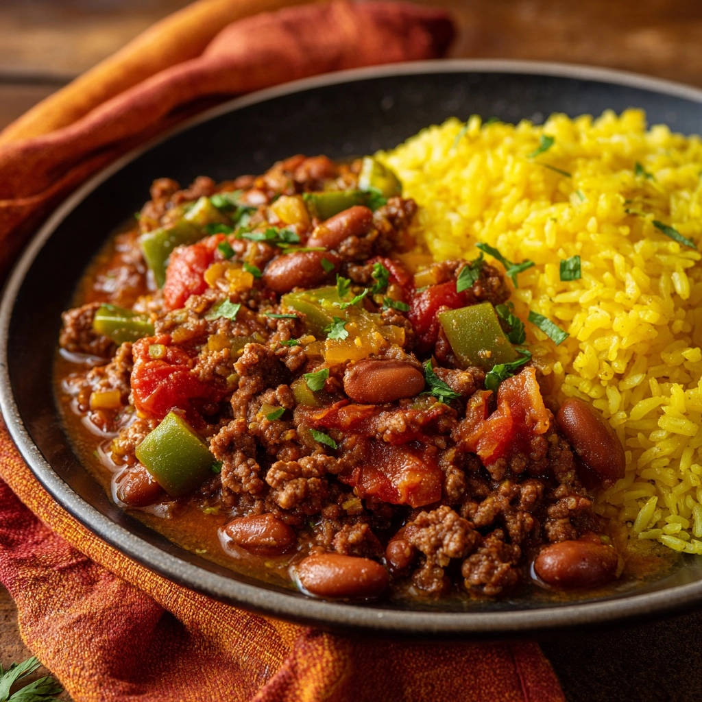 Herzhaftes Rinder-Chili mit Gelbem Reis als Nahaufnahme mit detailreicher Textur und Garnitur auf einem Teller angerichtet.