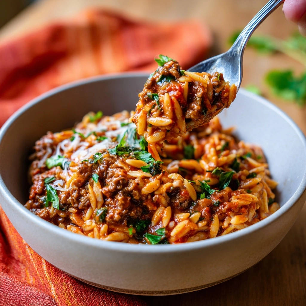Herzhaftes One-Pot Rinder-Orzo, aufgenommen mit einem Löffel, der eine Portion aus der Schüssel hebt.