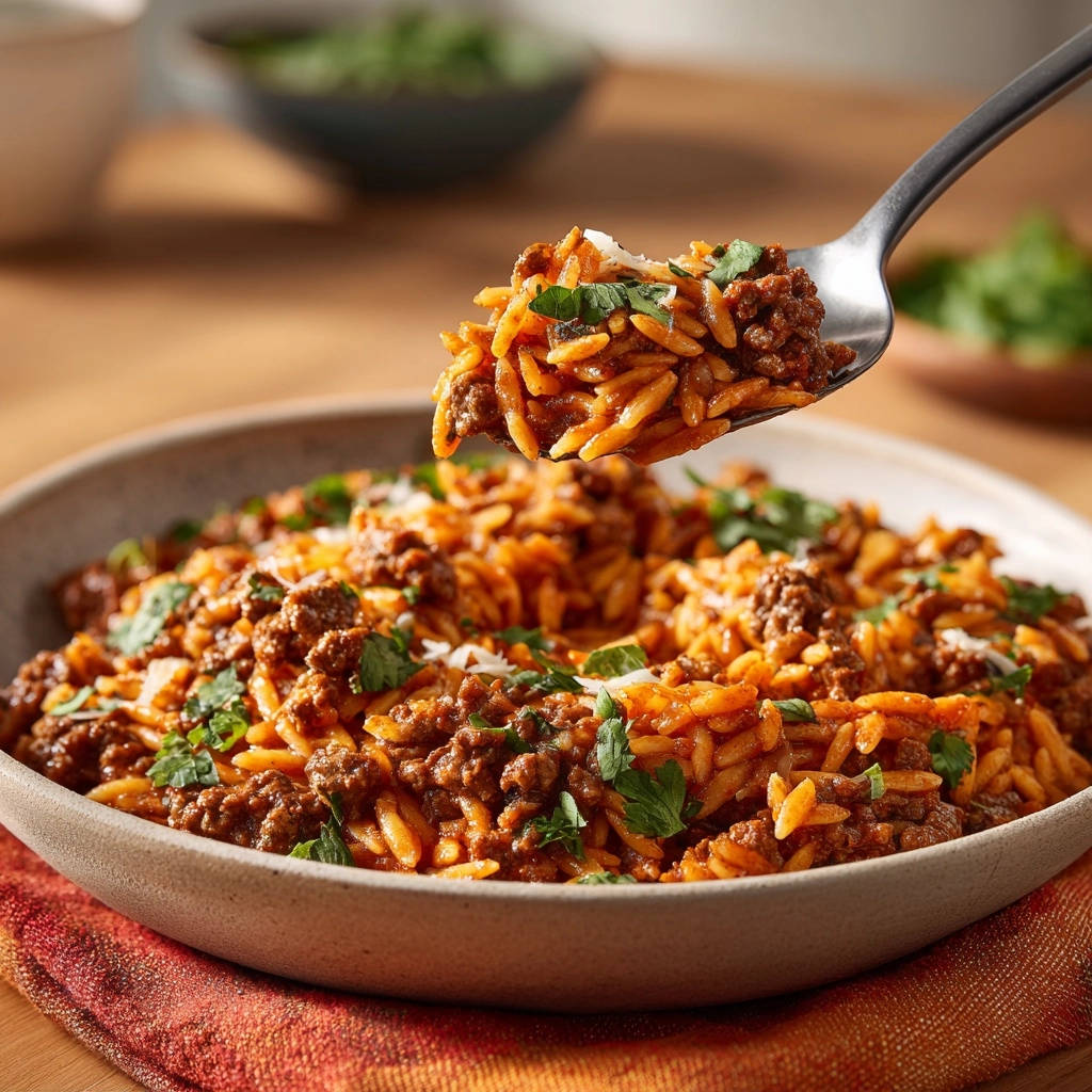 Herzhaftes One-Pot Rinder-Orzo als Nahaufnahme auf einem Löffel, garniert mit frischer Petersilie.