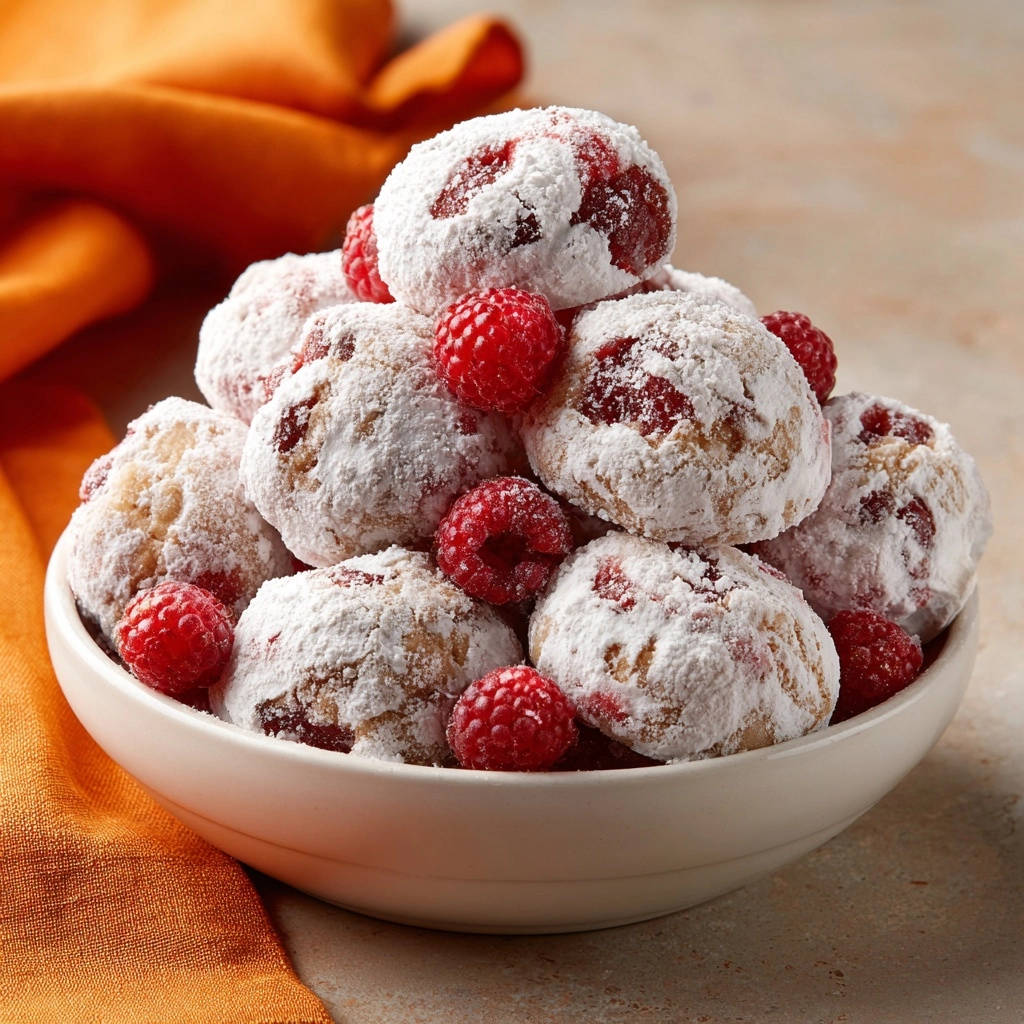 Himbeer-Crinkle-Kekse, ein Stapel mit Puderzucker bestäubter Kekse, garniert mit frischen Himbeeren.