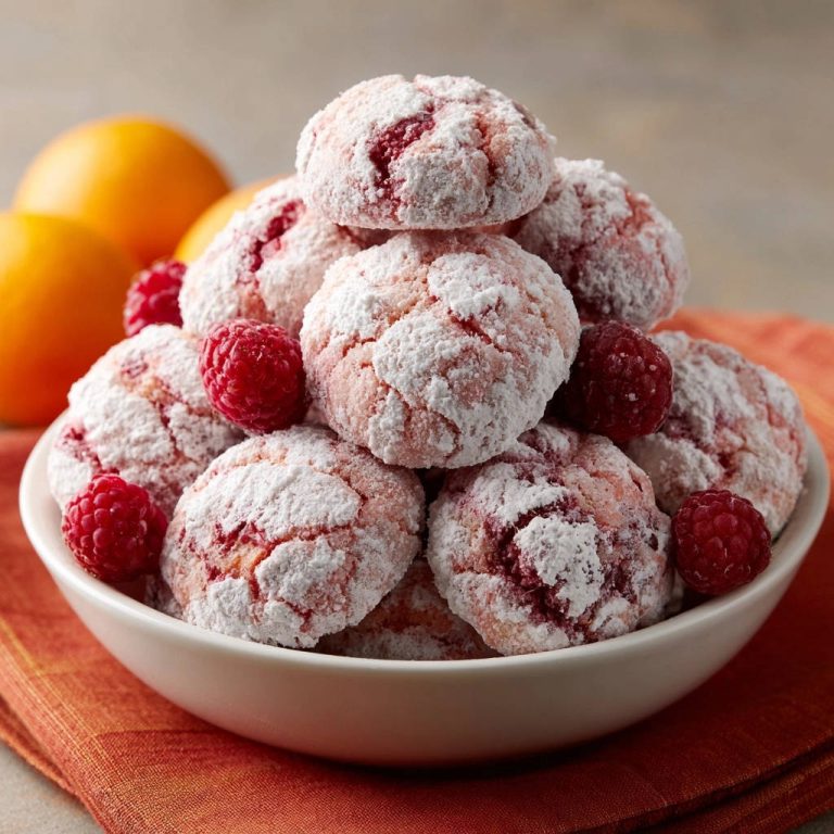 Himbeer-Crinkle-Kekse in einer Schüssel, mit frischen Himbeeren garniert und mit Puderzucker bestäubt.