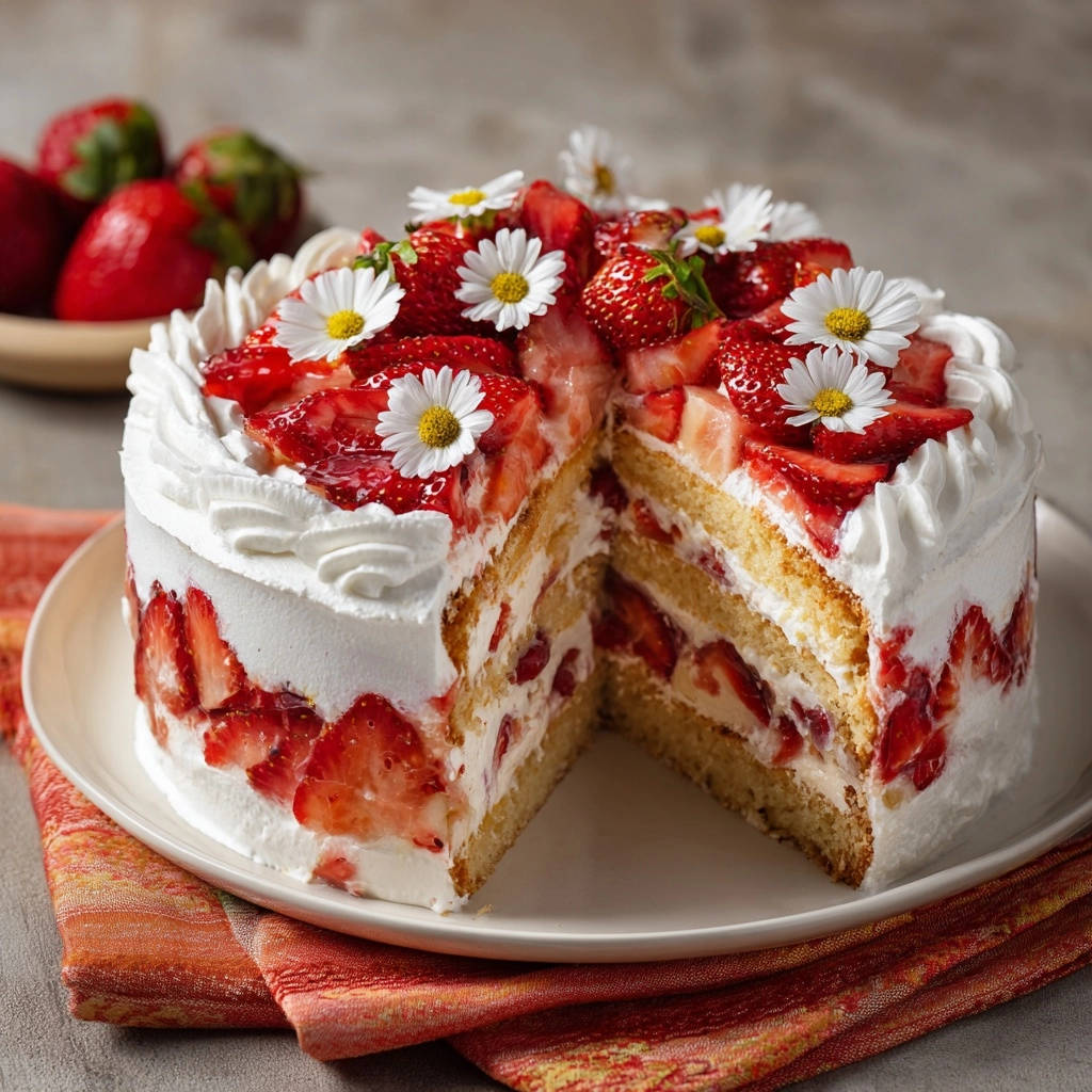 Himmlische Erdbeer-Sahne-Torte im Anschnitt, die saftigen Schichten mit frischen Erdbeeren und Sahne zeigend.