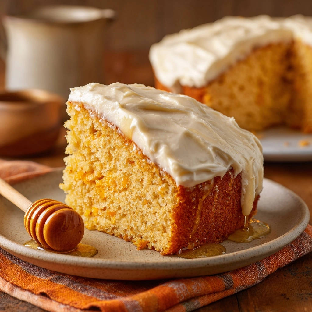 Saftiger Honig-Nuss-Kuchen mit cremiger Glasur, eine Nahaufnahme zeigt die zarte Textur und den Honig, der über die Glasur läuft.