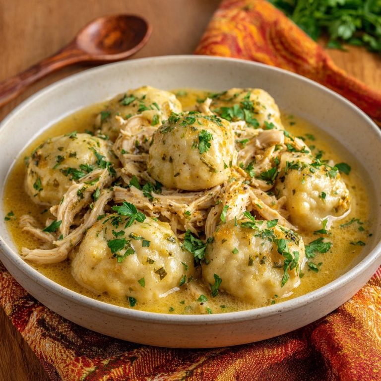 Herzhaftes Hühnchen mit Klößen, nah aufgenommen und mit frischer Petersilie garniert, in einer Schüssel serviert.
