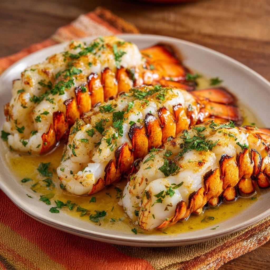 Saftige Hummer-Schwänze mit Knoblauch-Kräuterbutter, garniert mit frischer Petersilie und serviert in geschmolzener Butter.