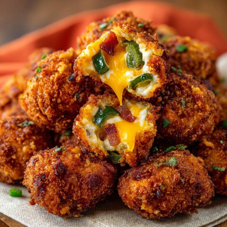 Knusprige Jalapeño Käse Bällchen angeschnitten mit schmelzendem Käse und Speck, die den Innenbereich zeigen.
