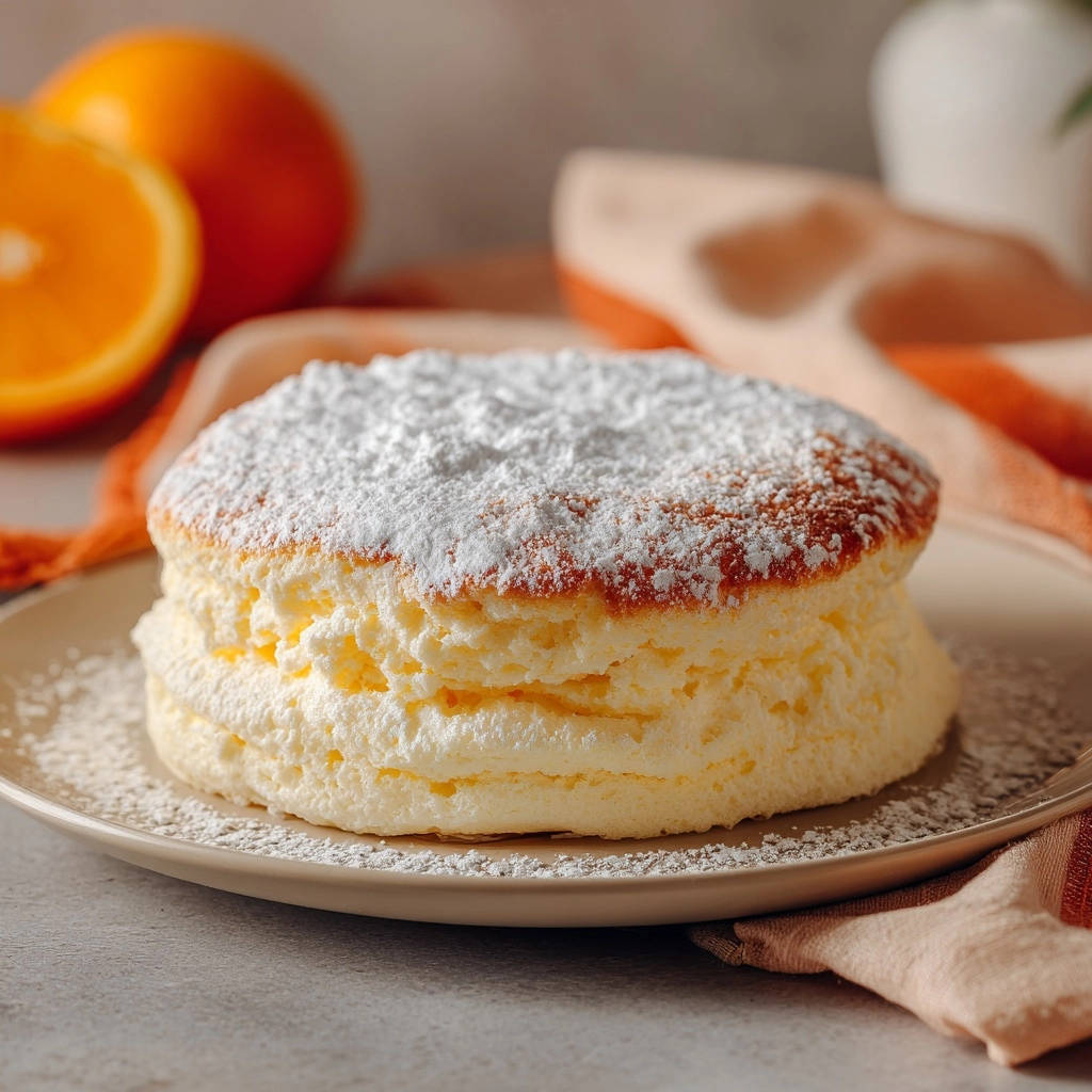 Japanischer Orangen-Käsekuchen, köstlich fluffig und mit Puderzucker bestäubt auf einem Teller.