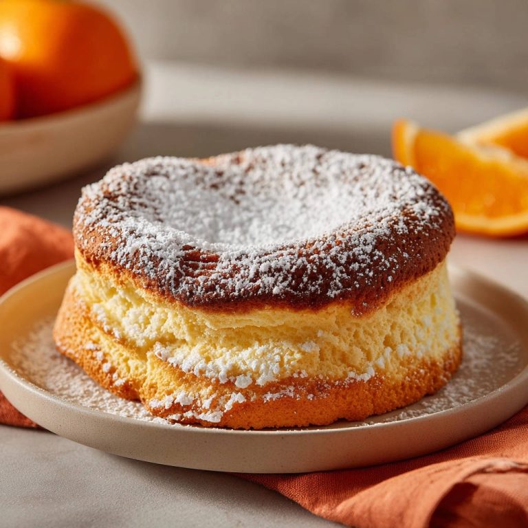 Japanischer Orangen-Käsekuchen mit Puderzucker bestäubt, auf einem Teller mit Orangenspalten im Hintergrund serviert.