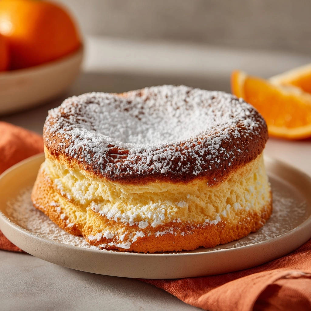 Japanischer Orangen-Käsekuchen mit Puderzucker bestäubt, auf einem Teller mit Orangenspalten im Hintergrund serviert.