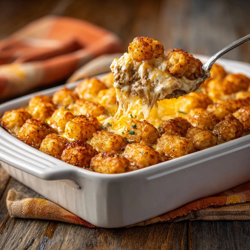 Käse-Hackfleisch-Gratin mit knusprigen Kroketten, eine Portion wird mit geschmolzenem Käse herausgehoben.