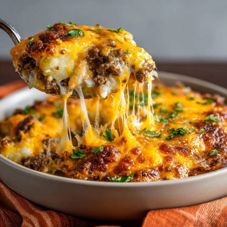 Käse-Hackfleisch-Kartoffel-Gratin mit zart schmelzendem Käse, frisch aus dem Ofen serviert.