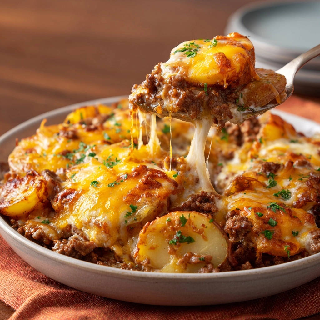 Käse-Hackfleisch-Kartoffel-Gratin mit einer Portion, bei der der geschmolzene Käse Fäden zieht.