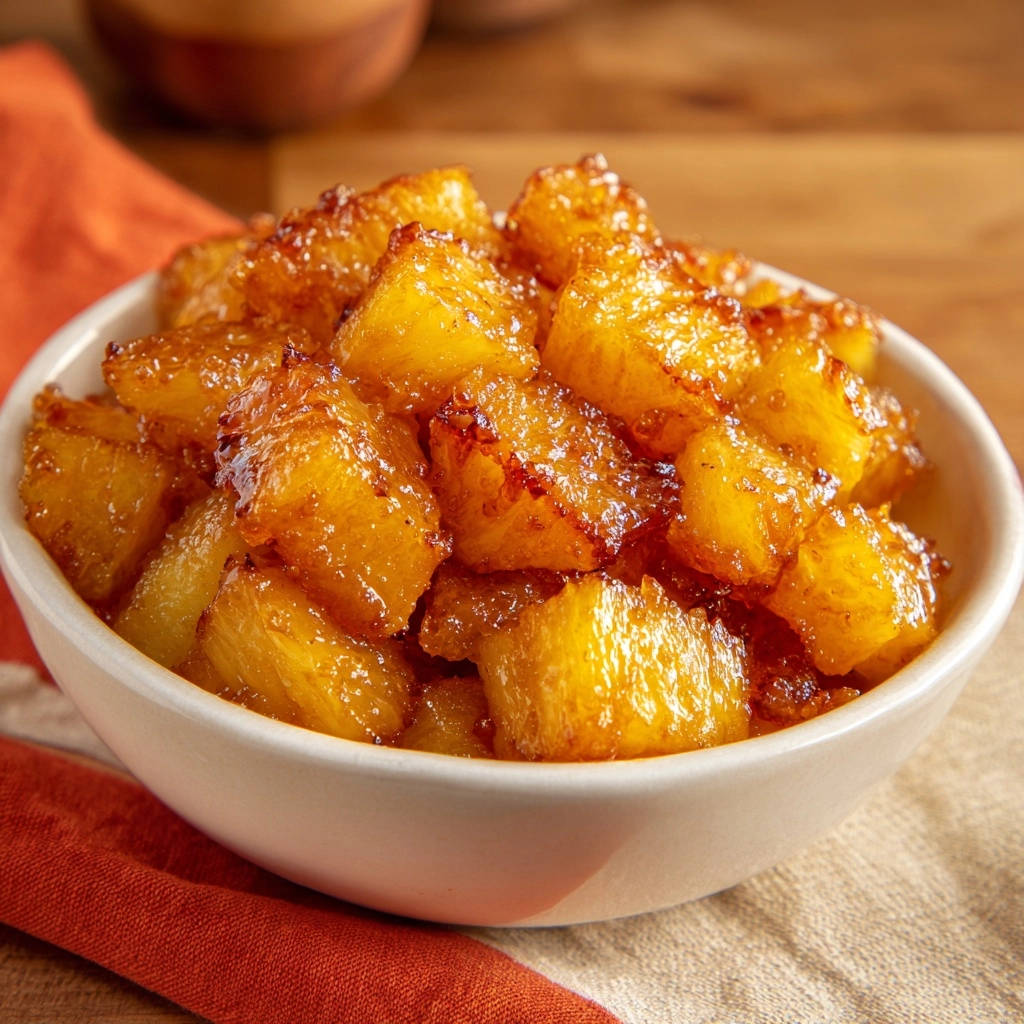 Goldbraune Karamell-Ananas, saftig und glänzend, serviert in einer weißen Schüssel auf einem Küchentuch.