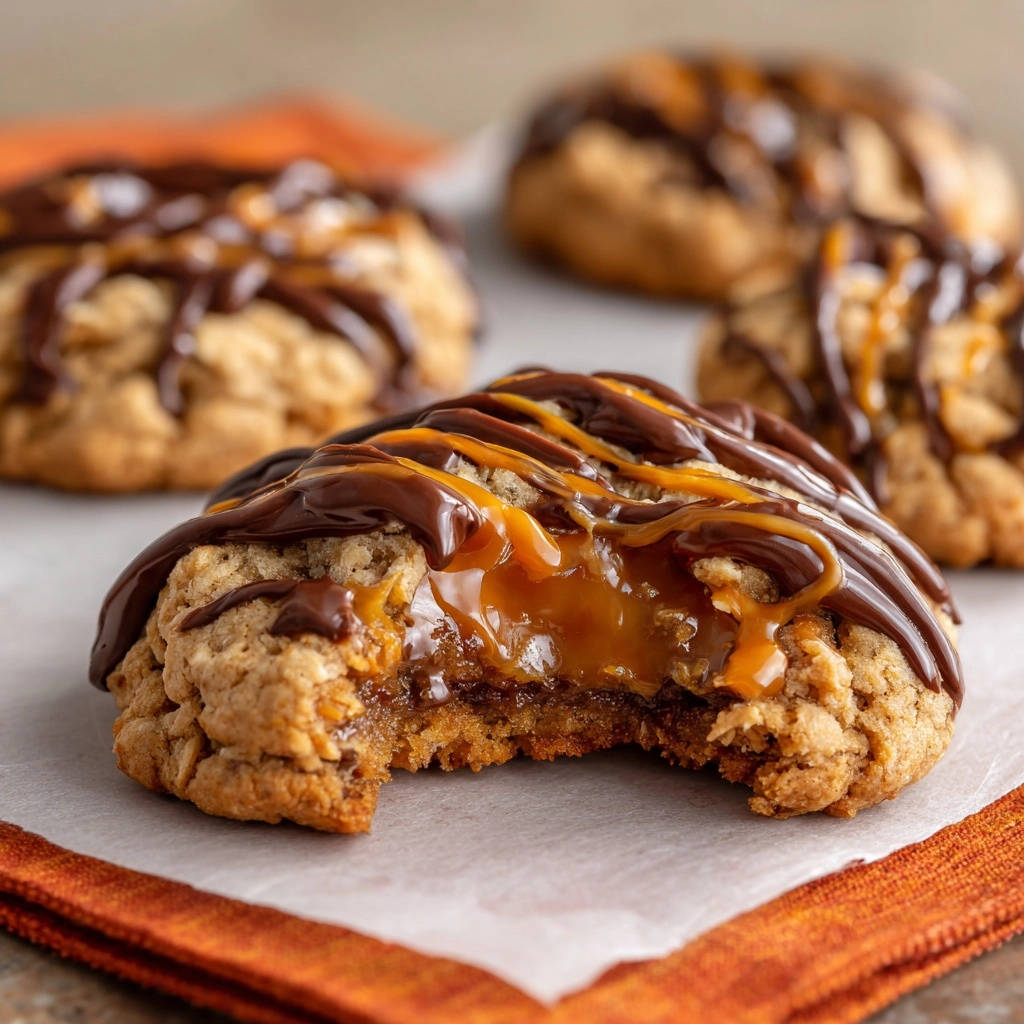 Saftige Karamell-Haferflocken-Cookies angeschnitten, die den flüssigen Karamellkern und Schokoladen-Topping preisgeben.